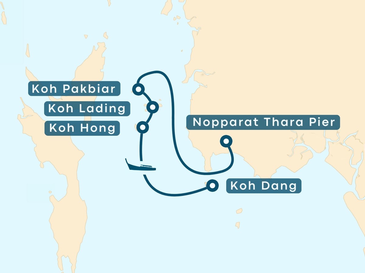 Carte illustrée de l'excursion : départ de l'embarcadère de Nopparat Thara, Koh Pak Bier, Koh Ladin, Koh Hong puis Koh Dang