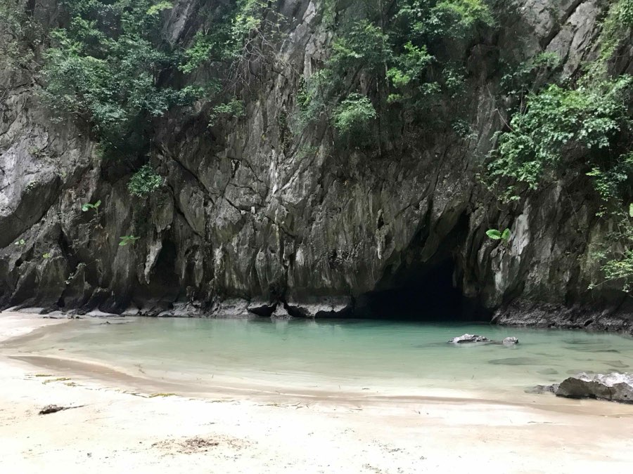 Petite plage au pied d'une falaise creusée de grottes